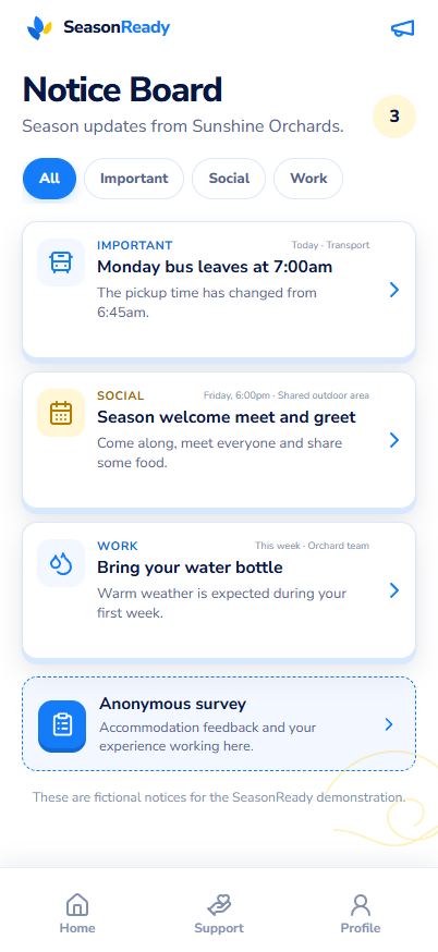 Notice Board screen