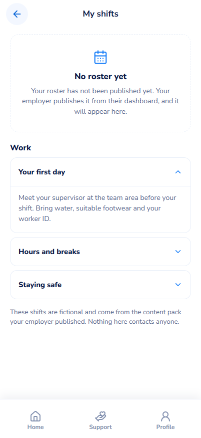 Work / shifts screen