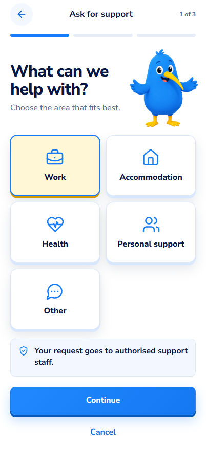 Ask for support 1 of 3 screen