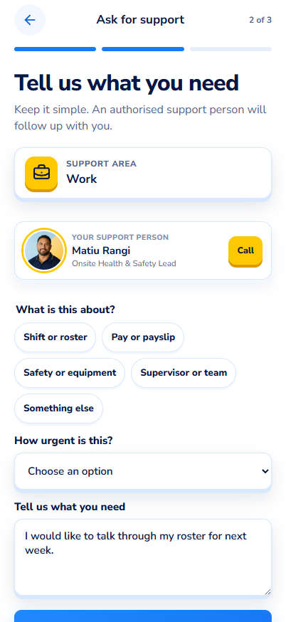 Ask for support 2 of 3 screen