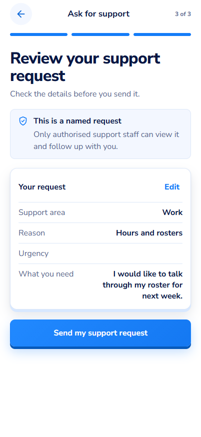 Ask for support 3 of 3 screen