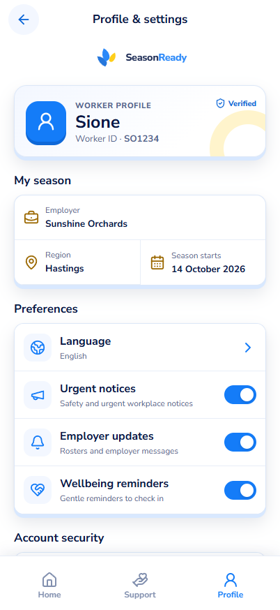 Profile and settings screen