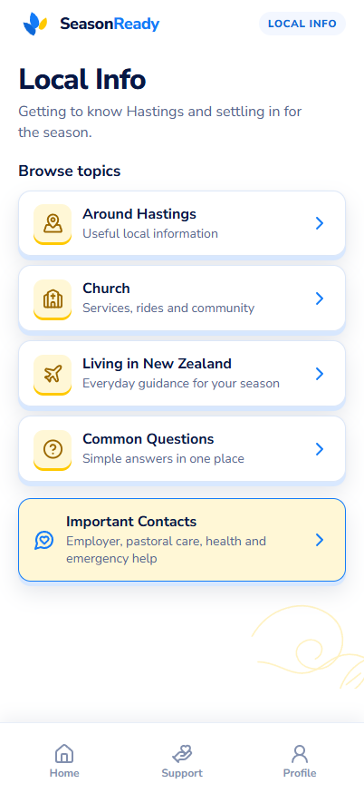 Local Info hub screen